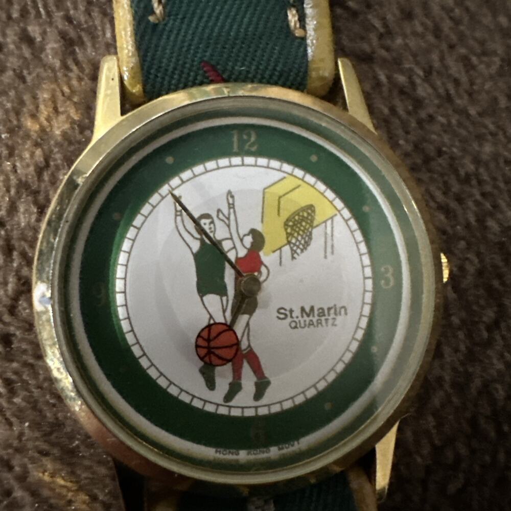 St. Marin Basketball Watch Women 24mm Gold‎ Tone Leather Band Needs Battery